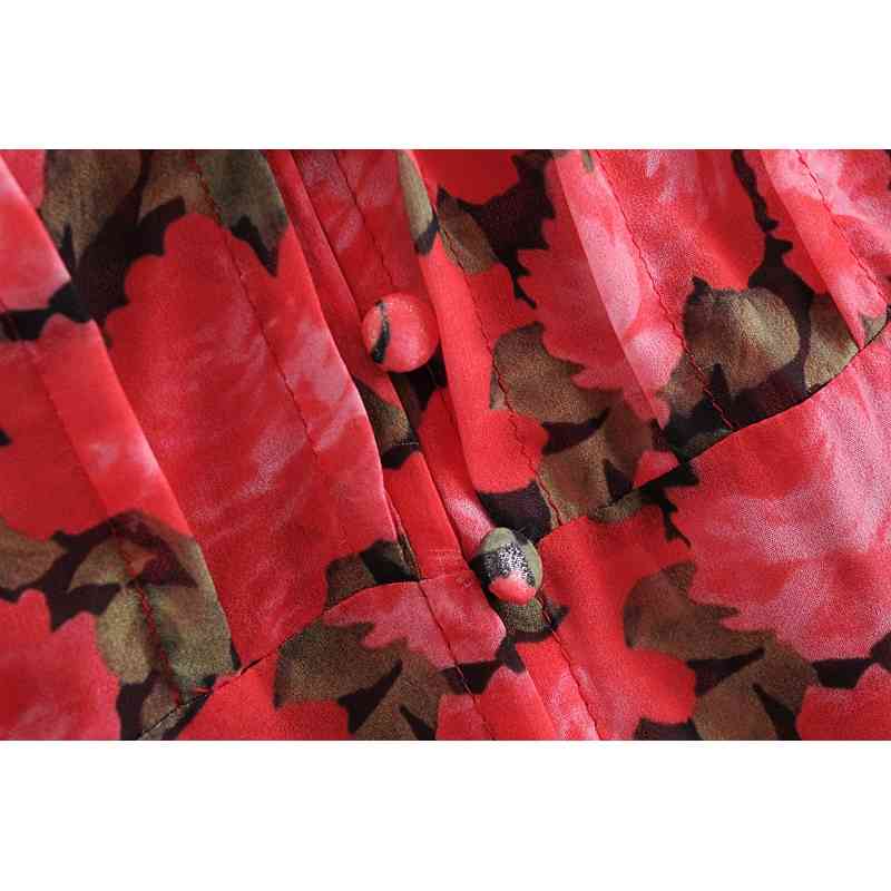 Spring Women BOHO Red Flower Print Shirt Dress Sexy Ladies Deep V neck Lantern Sleeve Center Buttons Mini Short Dresses 210429