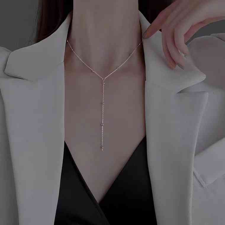 S925 Sterling Silver Non Fading Round Bead Tassel Necklace Women's Design Sense Advanced Sweater Chain Autumn and Winter Long Neck