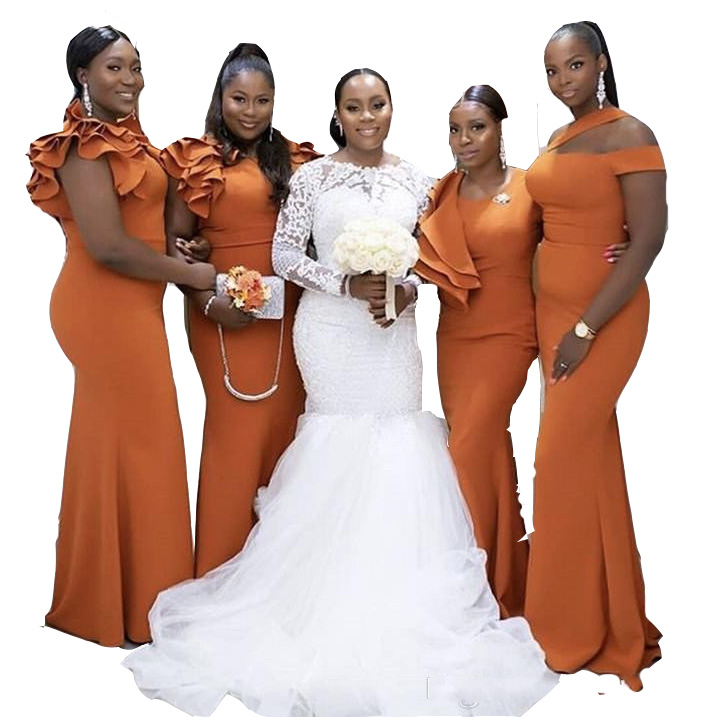 2021 Sexy African Orange Mermaid Long Bridesmaid Dresses Ruffles Straps Custom Made Stretchy Satin Plus Size Wedding Guest Gowns Maid Of Honor Dress
