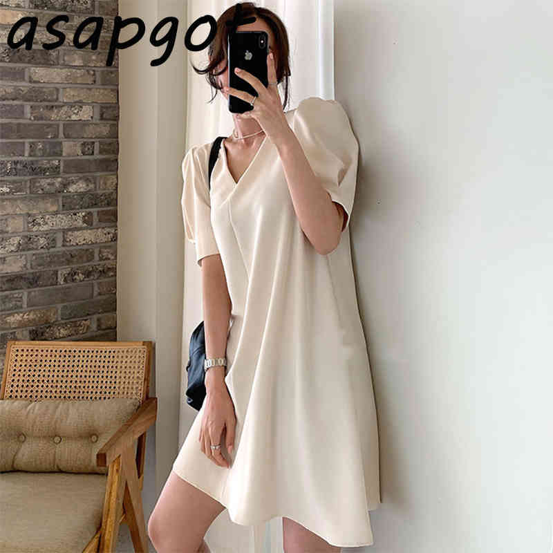 Dresses Women's Clothing Chic Korean V Neck Puff Short Sleeve Minimalism Temperament Loose Dress Women Mini Solid Retro Summer 210429