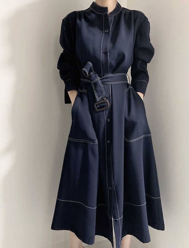 Spring Autumn Korean Loose Buttons Cotton A-Line Elegant Long Sleeve Dress with Belt 210615Z