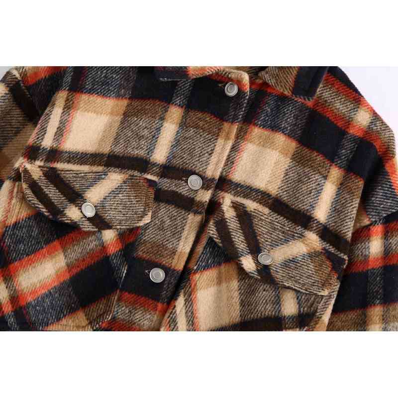 vintage plaid women wool coats autumn fashion button-fly ladies shirts casual pockets female coat girls 210430