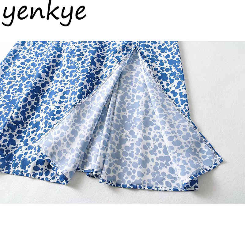 YENKYE Green Floral Print Dress Women Square Neck Sexy Slits Prairie Chic Vestido Mujer Puff Sleeve Holiday Summer Long Dress 210515
