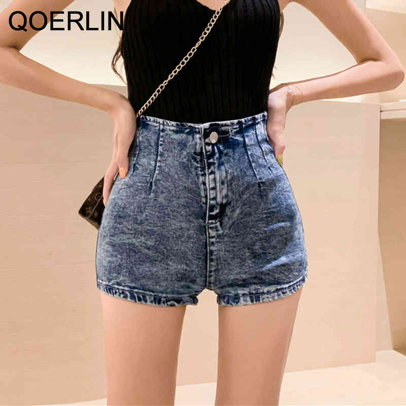 QOERLIN Vintage High Stretch Skinny Denim Shorts Sexy High Waist Tight Hip Plus Size Black Jeans Shorts Women Korean Style SL 210412