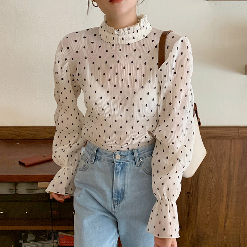 Nomikuma Korean Dot Chiffon Women Blouses Causal Stand Neck Flare Long Sleeve Shirt Causal Perspective Blusa Feminimos 6D747 210427