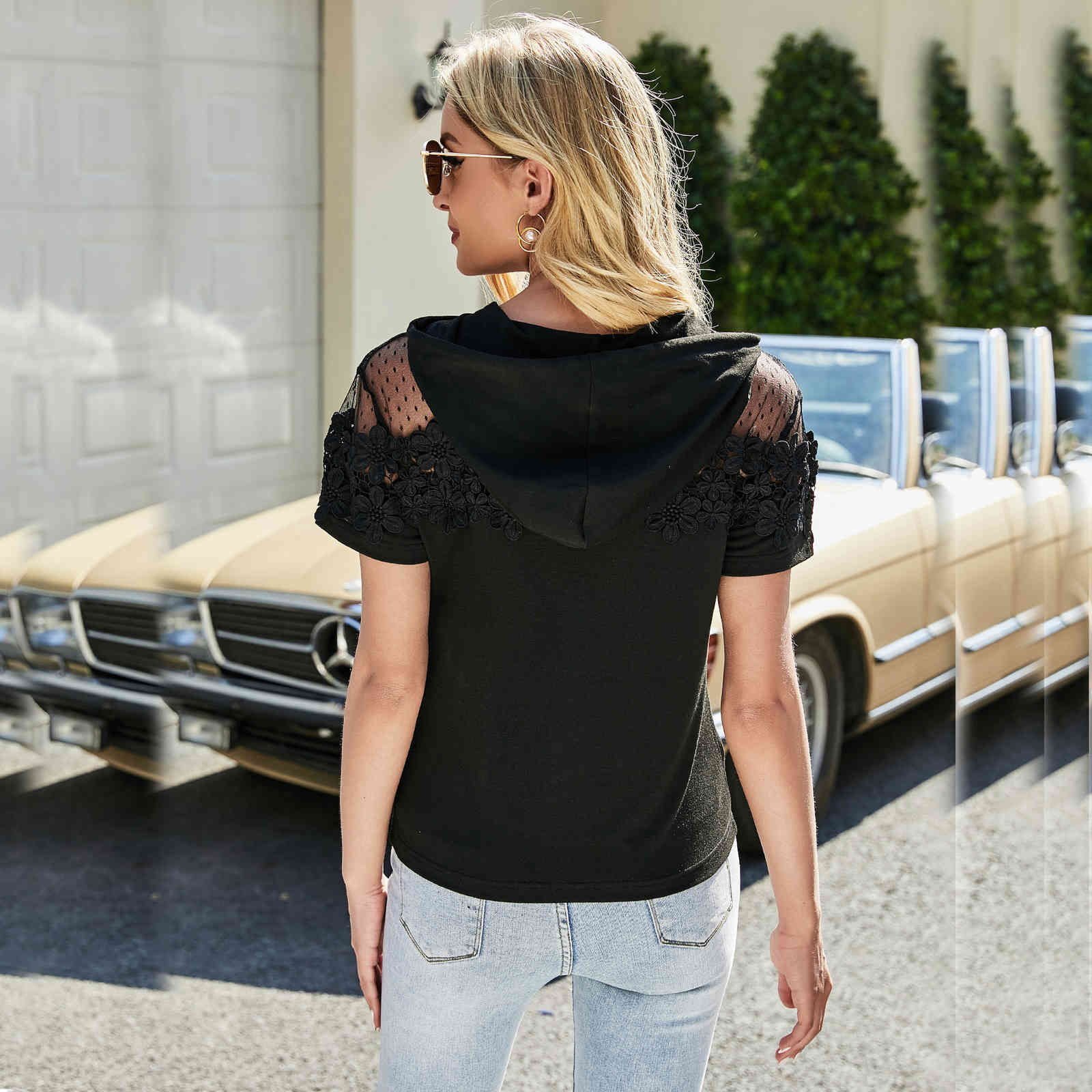 Spring Black O-Neck Single-Piece Set Solid Appliques Slim Women's Blouses 210524