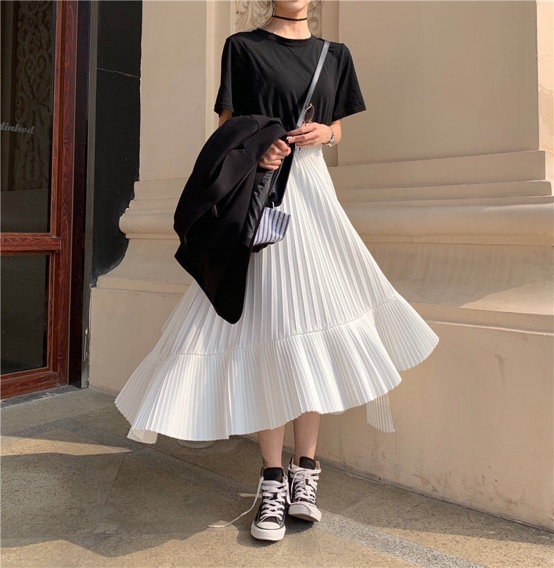 Irregular Long Pleated Skirts Womens Holiday Beach Boho Summer Elegant Ladies Chiffon High Waist 210421