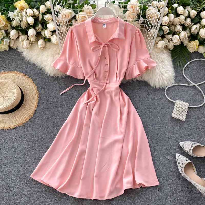 Elegant Office Lady Sweet Ruffle Dress Women Korean Chic Casual Short Sleeve Lace-up Vintage Summer Dresses Robe 210422