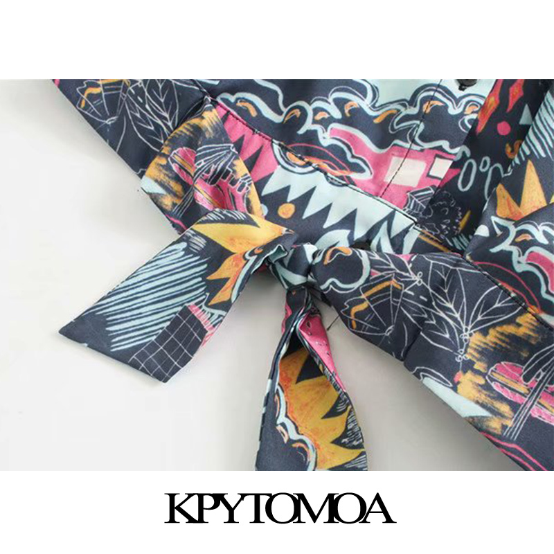Women Fashion Printed Bow Tied Cropped Blouses Lapel Collar Short Sleeve Female Shirts Blusas Chic Tops 210420