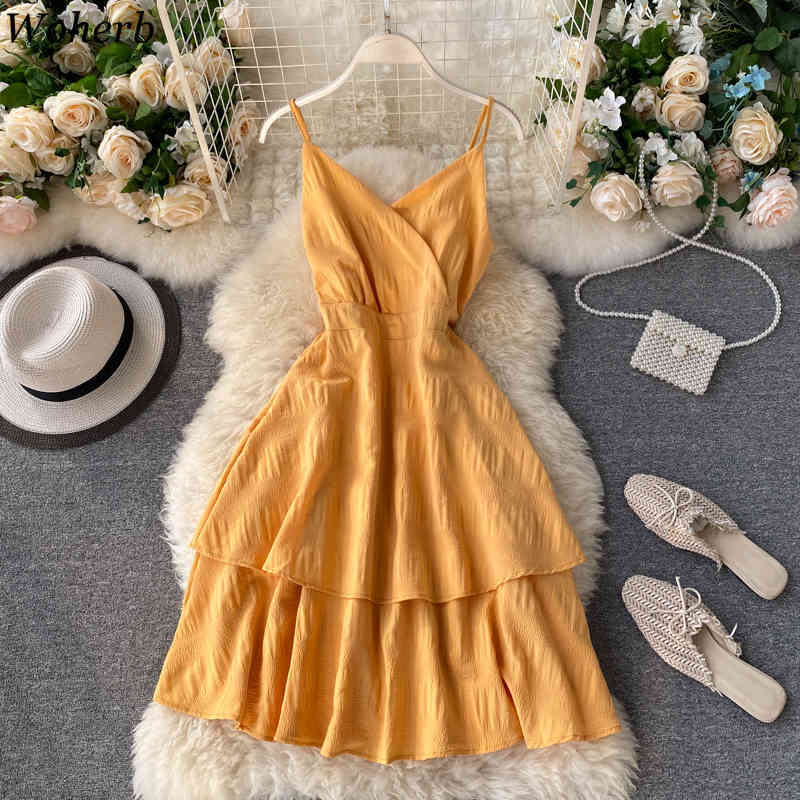 Ruffles Dress Women Sexy Backless Beach Style Fashion Vestidos Sleeveless Holiday Robe V Neck Summer Dresses 210519