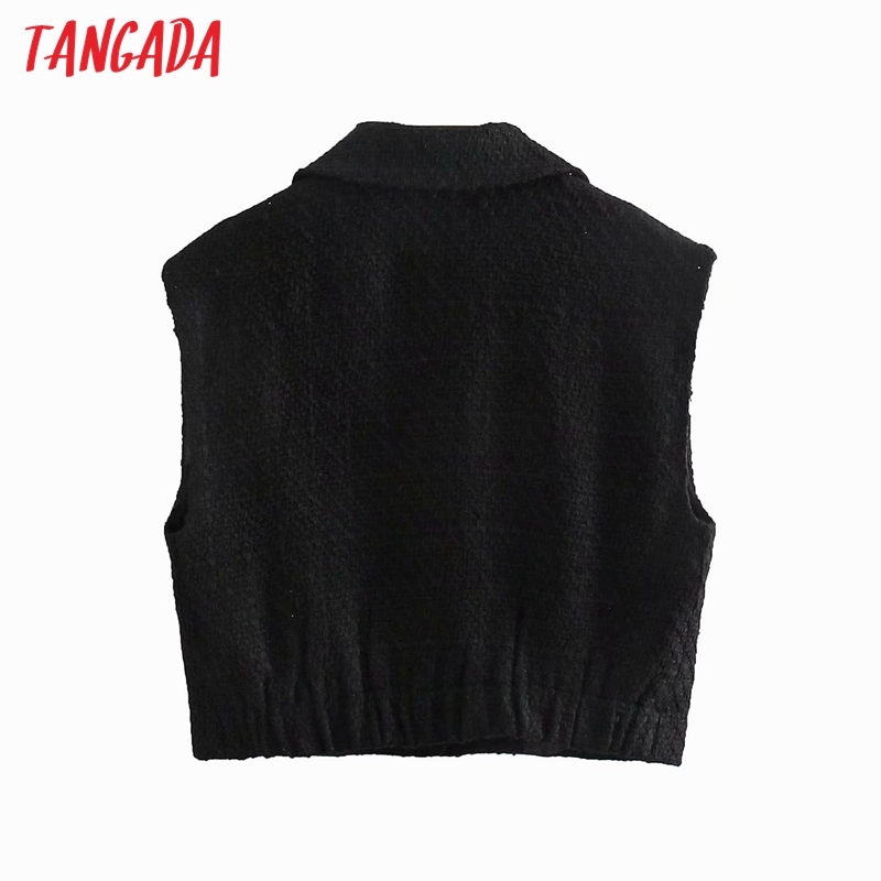 Women Fashion Black Tweed Vest Buttons Sleeveless Female Waistcoat Chic Tops 4M06 210416