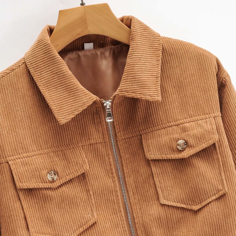 Corduroy Lapel Zipper Long Sleeve Fashion Chic Female Coat Korean Style College Style Casual Women's Jacket 210507