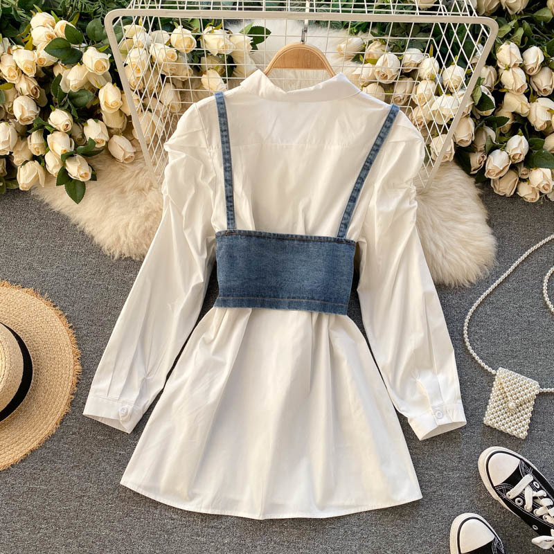 Nomikuma Korean Women 2pieces Sets Puff Sleeve Blouse Shirt + Buttons Belt Slim Waist Short Jeans Vest Spring Tops 6E616 210427