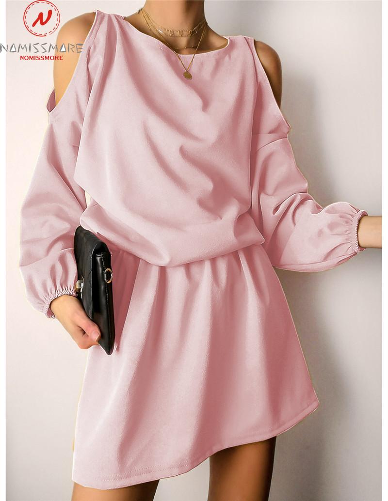 Fashion Women Solid Color Mini Dress Hollow Out Design Off Shoulder O-Neck Long Sleeve Mid Waist Casual Loose Pullovers Dresses