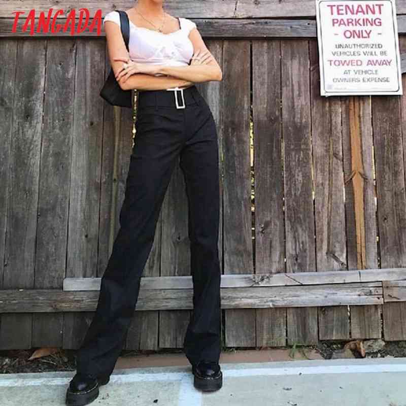 Fashion Women Black Belt Suit Trousers Pockets Buttons Office Lady Pants Pantalon 4P54 210416