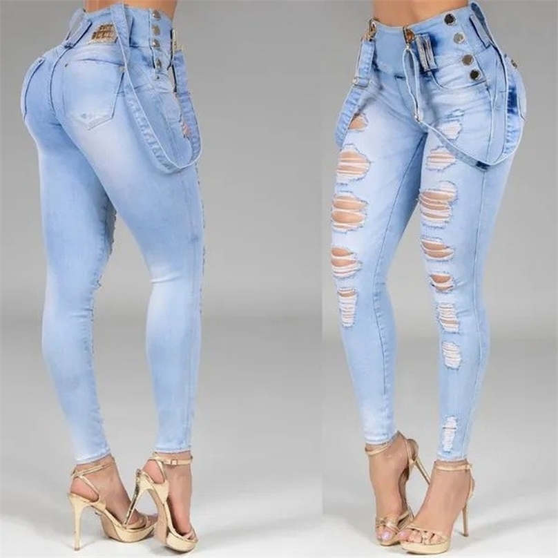 Women Jeans High Waisted Straight Skinny Stretchy Pant Streetwear Ladies Hole Washed Bandage Denim Pencil Pants Trousers 211112