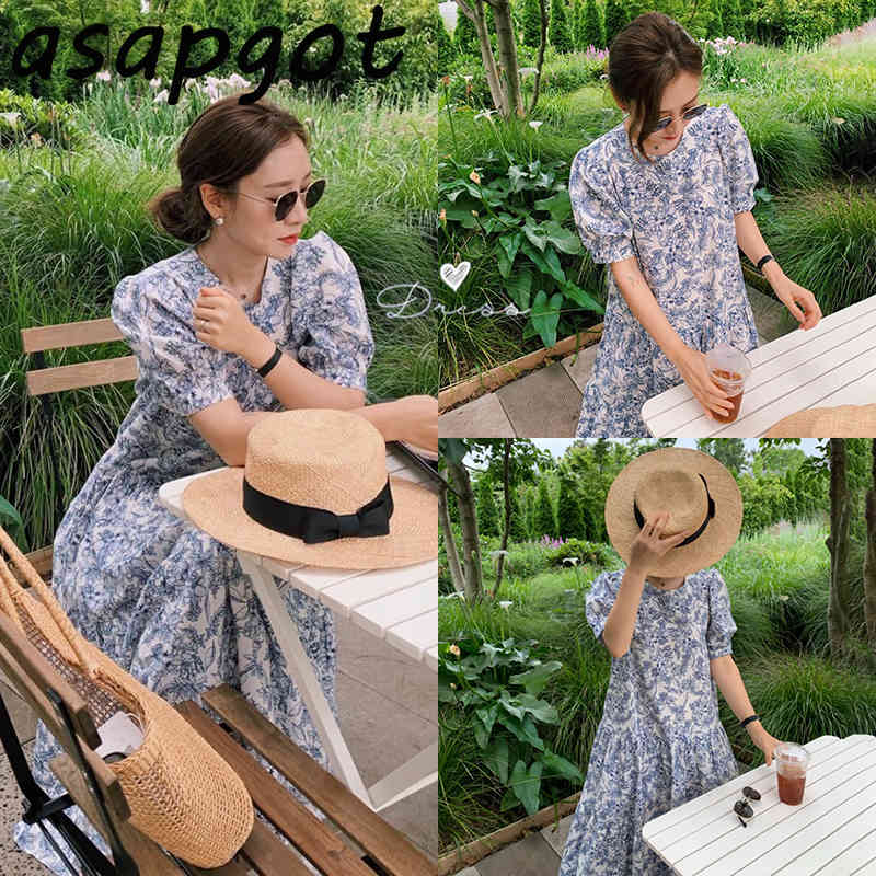 Korean Chic Summer Retro Sketch Print Dress Casual Round Neck Loose Bubble Short Sleeve Women Rufles Hand Painted 210429