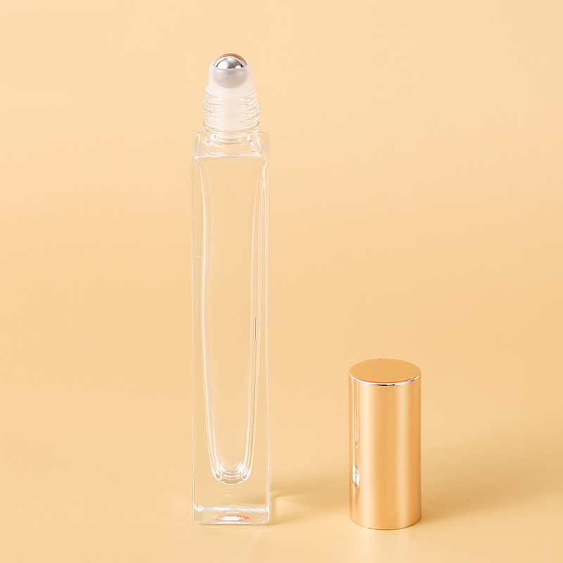 10ml Empty Pen Square Clear Glass Roll on Bottle with gold cap stainless steel roller ball for Essential oil Perfume