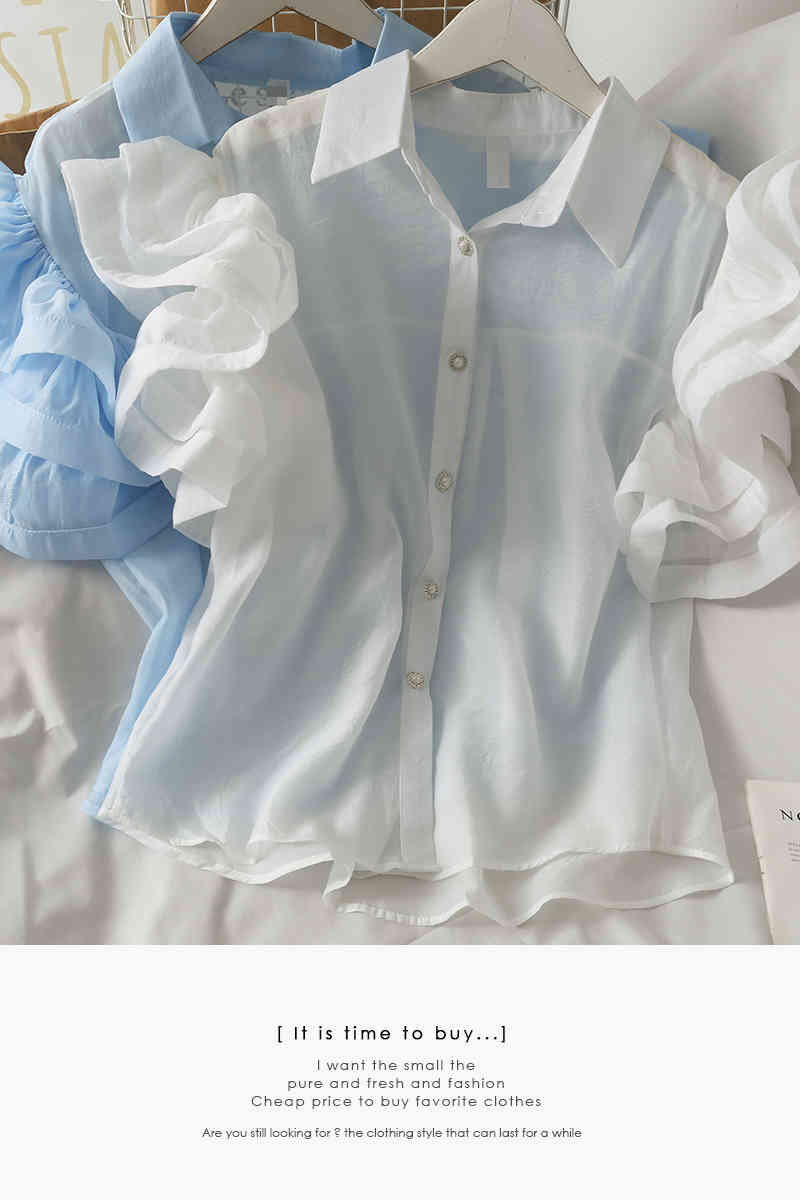 Korean Elegant Women See Through Blouses Tops Summer Puff Sleeve Chiffon Shirt Vintage Office Ladies Blusas Mujer 210519