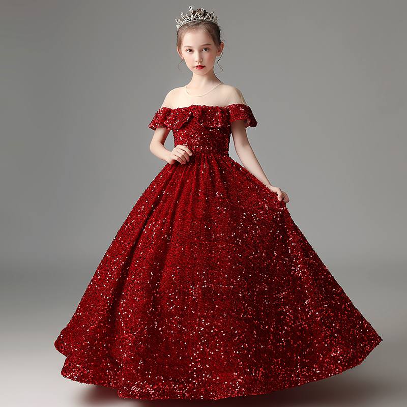 Eye Catching Burgundy Spakling Sequins Flower's Dresses Sheer Neckline Floor Length Ball Gown Girl's Party Dress