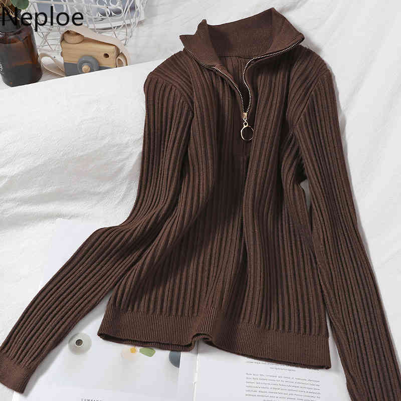 Neploe Sweaters for Women Turtleneck Zipper Knitted Pullovers Korean Solid Pleated Jumper Fall Woman Clothes Sueter Mujer 210422