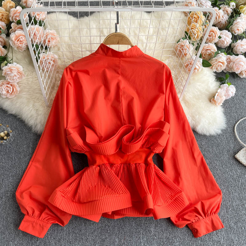 Nomikuma Women Blouse Korean Pleated Ruffle Slim Waist Top Shirts Elegant Lantern Sleeve Stand Neck Blusas Camisas Mujer 6G980 210427