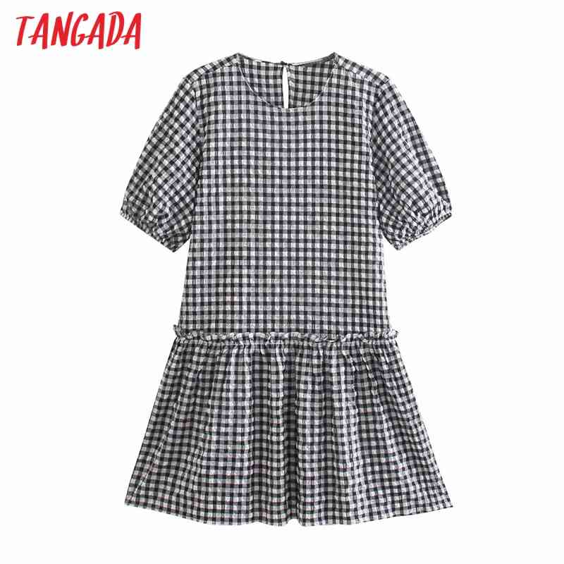 Summer Women Plaid Pattern O Neck Short Sleeve Ladies Mini Dress Vestidos 2R32 210416