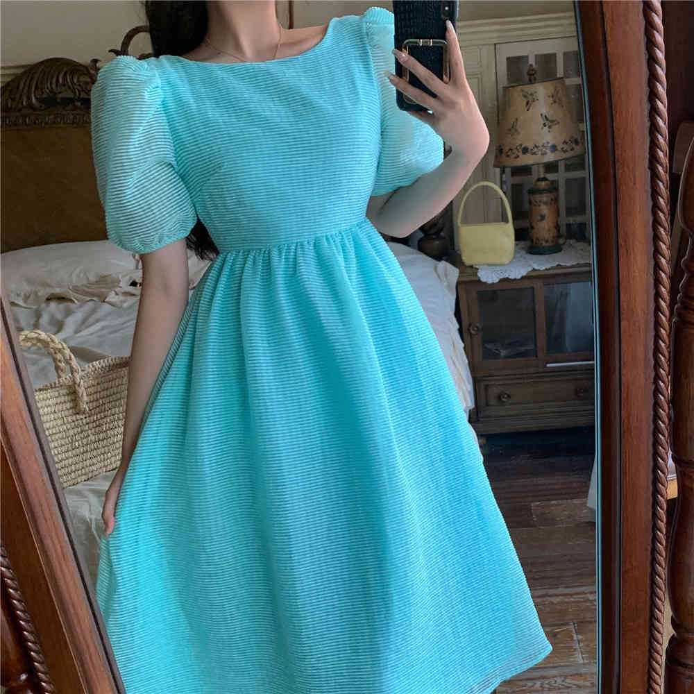 Summer Women Solid Puff Sleeve Korean Style Fairy Dress Sexy Backless Kawaii Elegant Vintage Party 210519