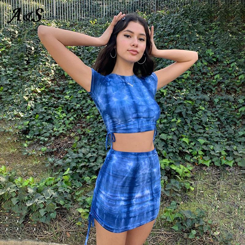 Anbenser Tie Dye Print Women Two Pieces Set Cute Tracksuits Summer Fashion Bandage Sexy Lace Up Ruched Crop Top And Skirts Sets Piece Dress