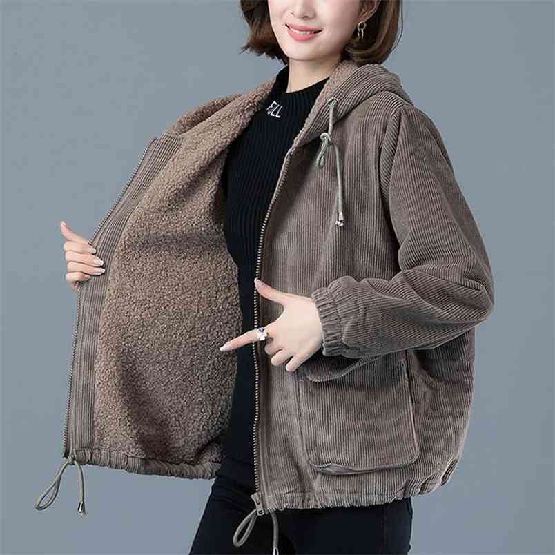 Women Corduroy Coats Autumn Korean Plus Size Velvet Hooded Jackets Female Casual Drawstring Big Pocket Short 210522