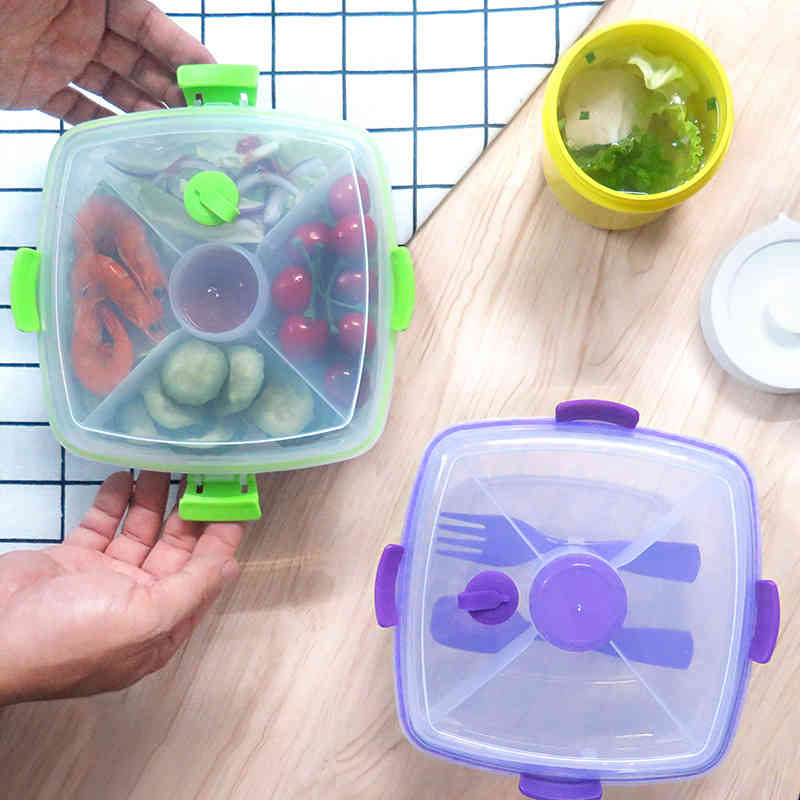 Vegetable Fruit Salad Box Eco-friendly Lunch with Tableware Portable Food Container for Picnic School Office 210423