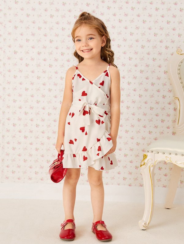 Toddler Girls Heart Print Ruffle Hem Cami Dress SHE R250424