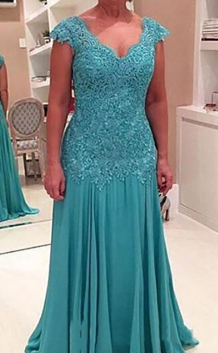 Turquoise Lace Mother Of The Bride Dresses Chiffon Mermaid Moms V Neck Cap Sleeve Applique Formal Evening Gowns Hot Selling