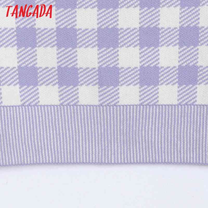 Women Purple Plaid Knit Camis Crop Top Spaghetti Strap Sleeveless Backless Shirts Female Casual Tops 6H11 210416