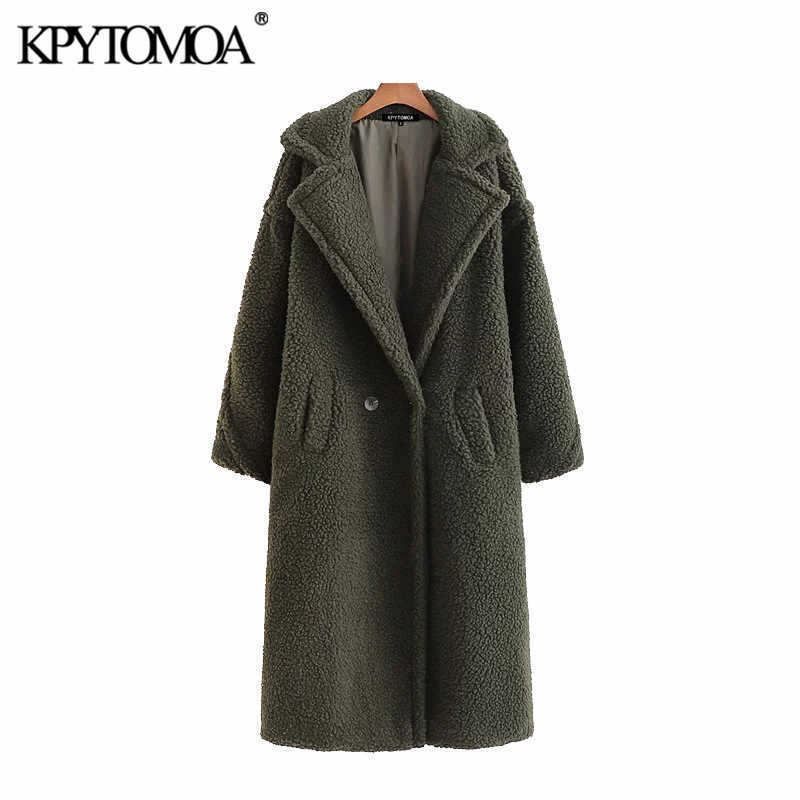 Vintage Stylish Thick Warm Faux Fur Teddy Jacket Coat Women Fashion Long Sleeve Pockets Winter Female Outerwear Chic Tops 211019
