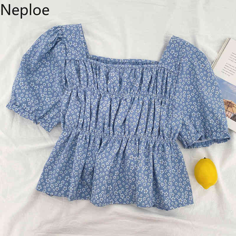 Neploe Women's Blouse Summer Square Collar Short Sleeve Blouses Tops Korean Fashion Clothing Sweet Floral Pleated Ruffled Shirt 210422