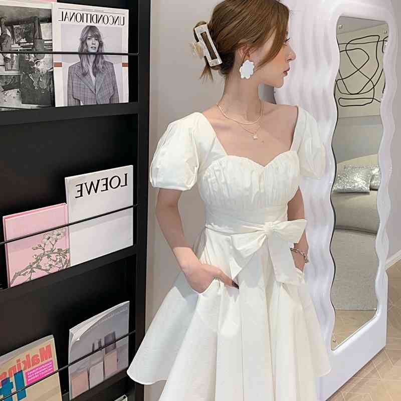 Summer Sweet White Vintage Dress Korea Elegant Women Puff Sleeve Bowknot Party Mini Female 210519