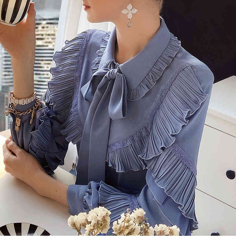 Dabuwawa Casual Solid Ruffle Sleeve Women Blouse Shirt Spring Bow Neck Blouses Shirt Elegant Work Wear Female Tops DO1AST016 210520