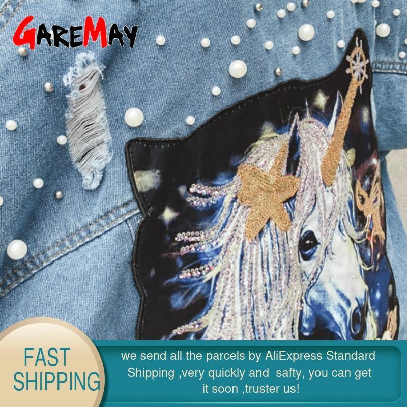 Pearl Beading Cartoon unicorn demin jacket chaquetas mujer autumn vintage Frayed Ripped Hole Jean Jacket veste femme coats 210428