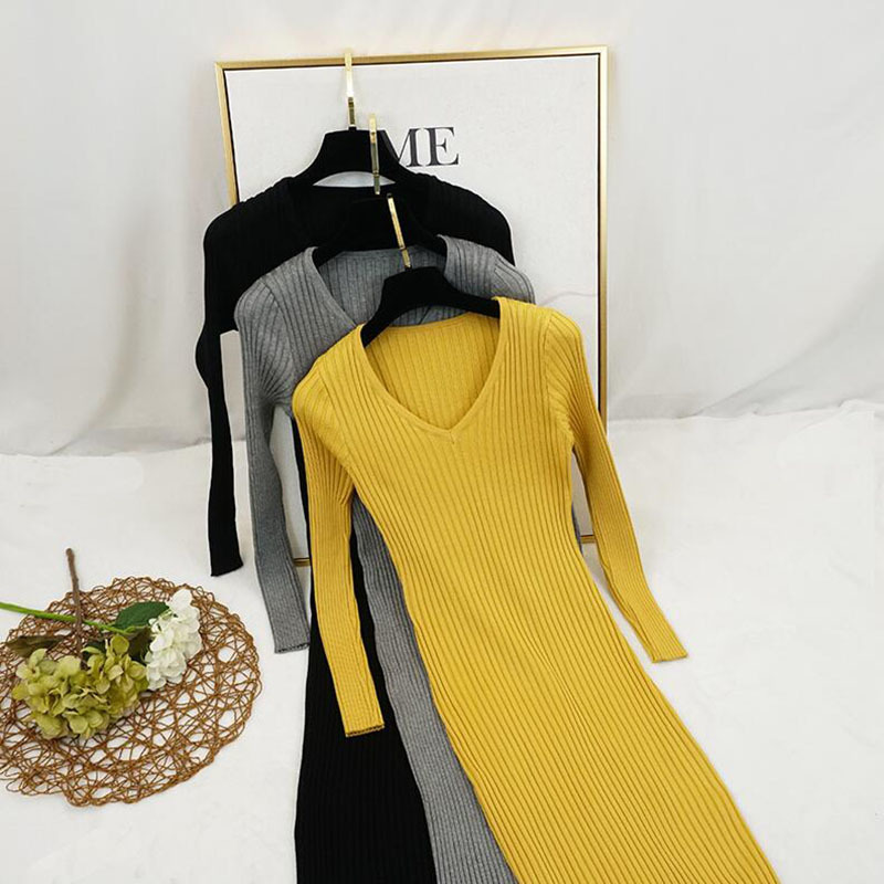 Elegant Slim Midi Pencil Sweater Dress Autumn Winter V-neck Bodycon Knitted Dress Long Sleeve Women Dress Vestidos 210521