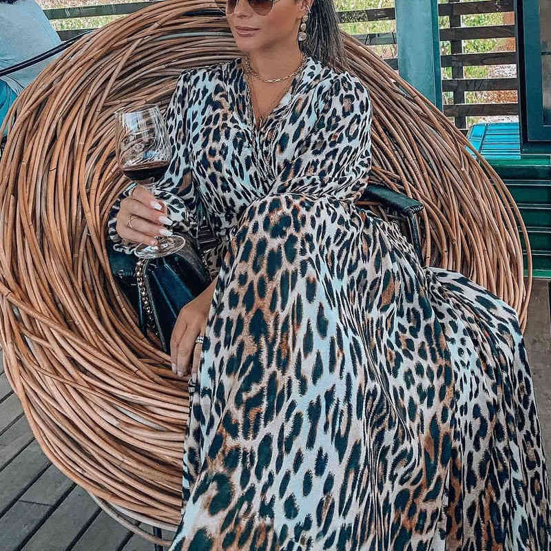 Sexy Leopard Print Bikini Cover-ups Cross Open Back Long Sleeve Summer Dress Women Beach Wear Swim Suit Cover Up A890 210420