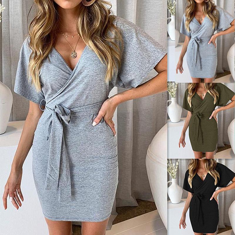 Casual Dresses 40# V-neck Women Summer Dress Bandage Vintage Office Lady Elegant Solid Oversized Vestido De Mujer, Black;gray 
Casual Dresses 40# V-neck Women Summer Dress Bandage Vintage Office Lady Elegant Solid Oversized Vestido De Mujer, Black;gray