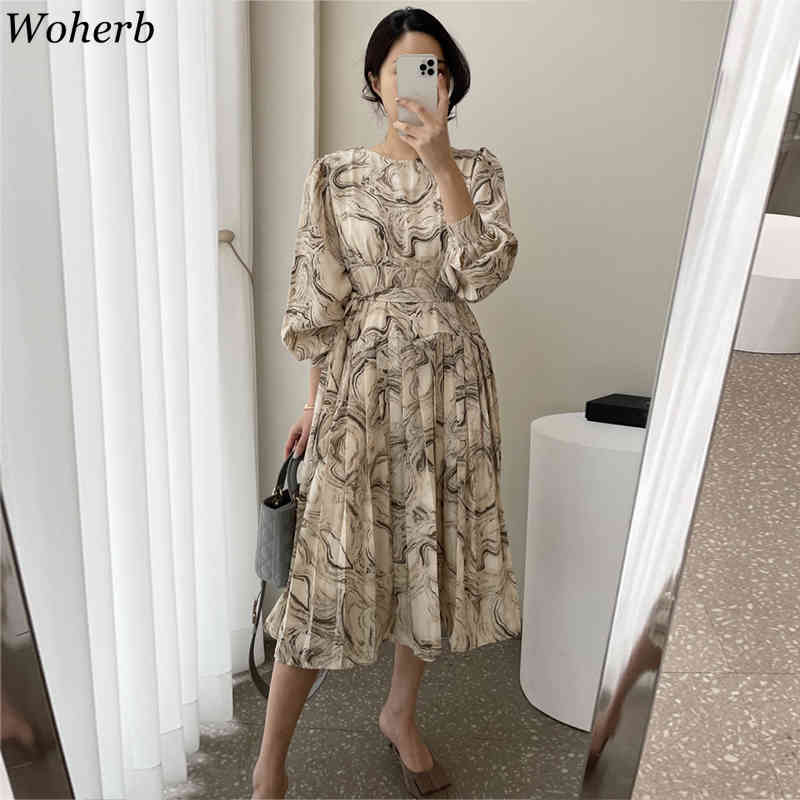 Girls O-Neck Chic All Match Printing Dress Spring Summer Long Sleeves Elegance Maxi Pleated Dresses Vestidos 210519