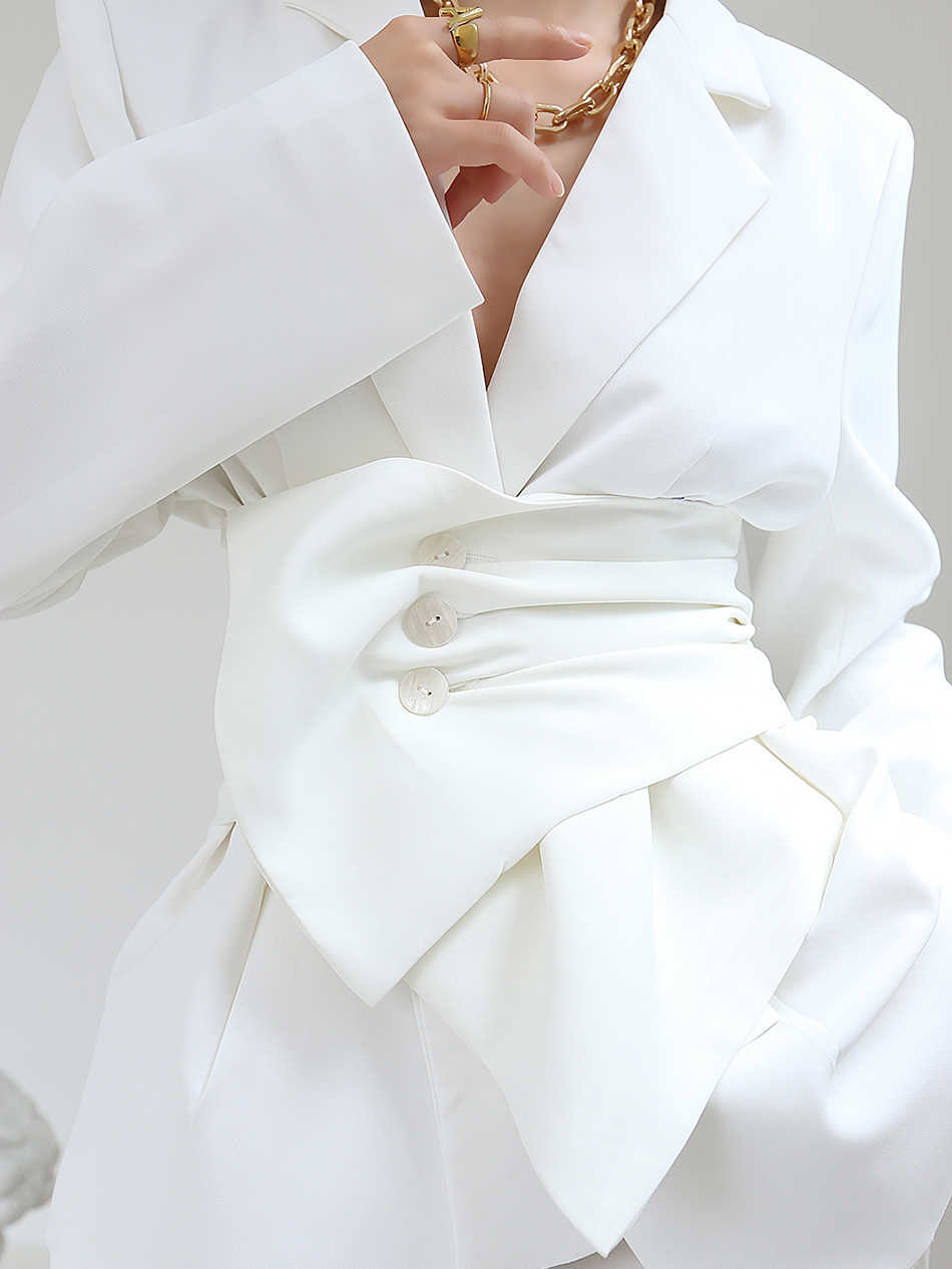 Casual White Blazer For Women With Slotted Long Sleeve Belt Elegant Fashion Clothing 210525