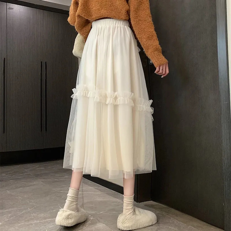 Long Kawaii Tulle Midi Skirts Womens Lolita Summer Spring Mesh Skirt Japanese Style Black High Waisted Ruched Ruffle 210421