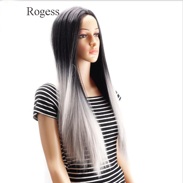 New Fashion Long Straight Ombre Gray Wine Red Synthetic wig with Middle Part women's Hair wigs for life Cosplay