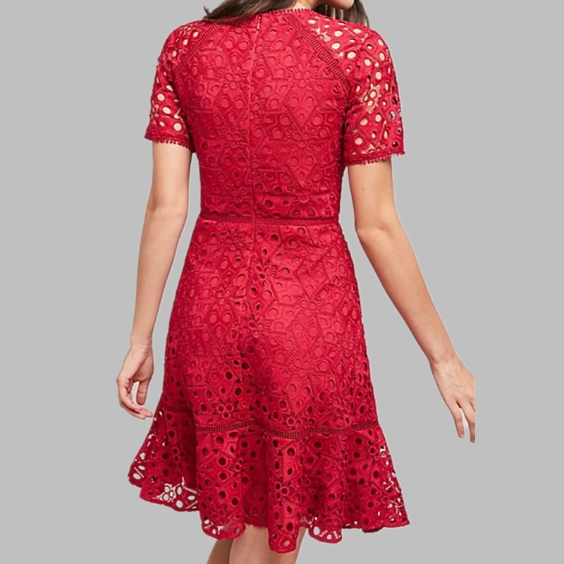 Summer Lace Patchwork Red Dress Women Sexy V-Neck Work Casual Party Slim Dresses Vintage Vestidos 210520