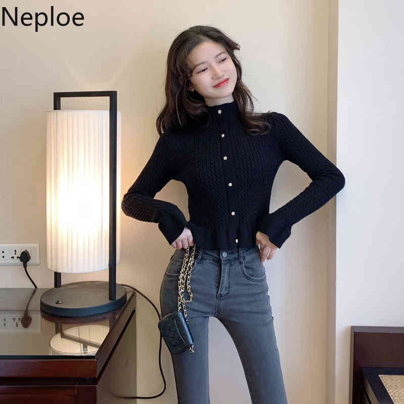 Neploe Turtleneck Woman Sweater Women Knitted Ribbed Cropped Cardigan Winter Clothes Long Sleeve Slim Sueter Coat 4G932 210422