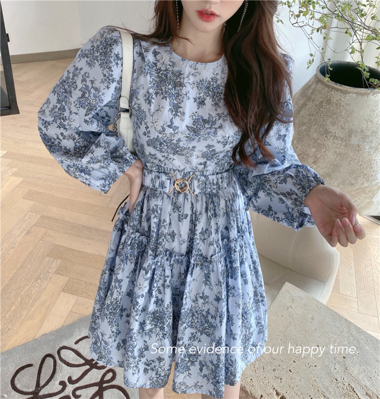 Korean Spring Women Mini Dress Elegant Floral Printed Lantern Sleeve Vestidos Feminine Chic With Belt 210519