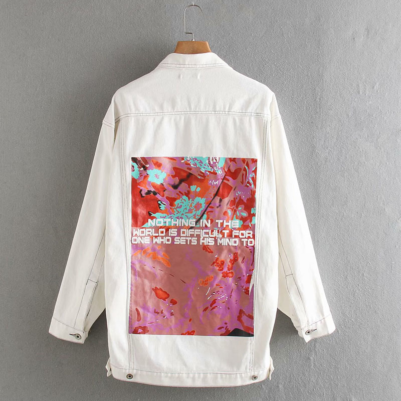 Bright Line Beige Loose Women's Denim Jacket Harajuku Korean Printed Fashion Long-sleeved Single-breasted Chic Female Coat Tops 210507